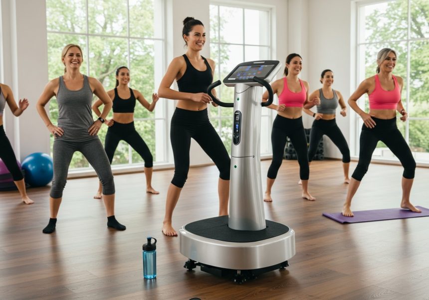 Gruppo di donne che si allenano su una macchina per vibrazioni in palestra.