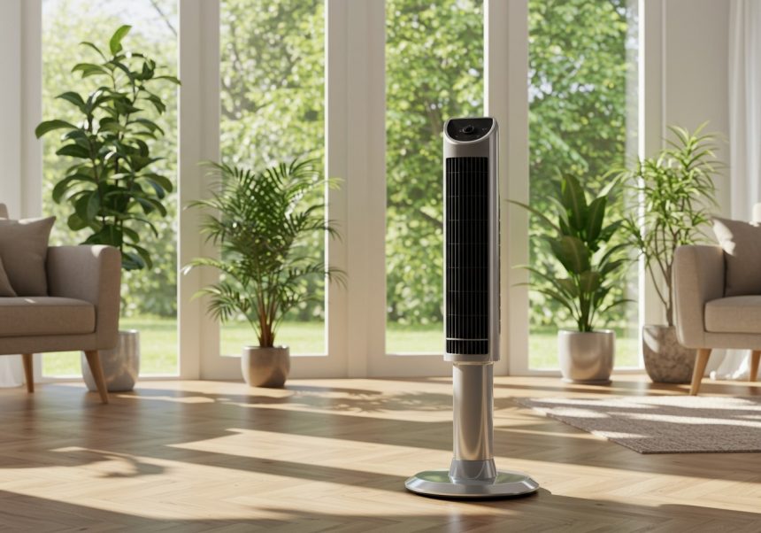Ventilatore a colonna elegante in un soggiorno luminoso con piante.