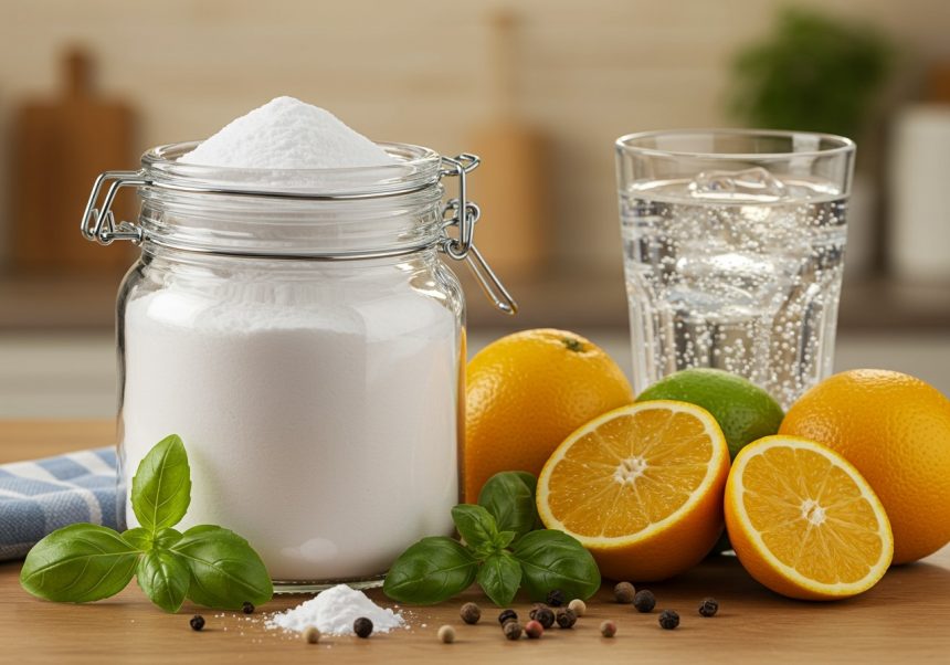 Barattolo di bicarbonato di sodio con agrumi freschi e acqua frizzante.