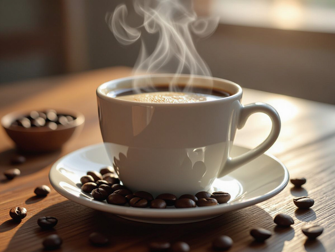 Una tazza di caffè caldo con vapore che si alza, circondata da chicchi di caffè.