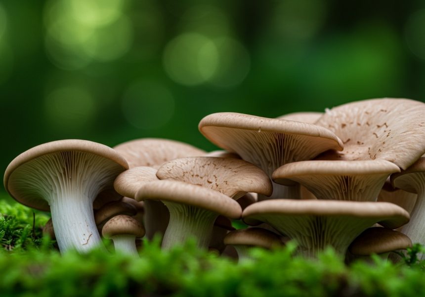 Un gruppo di funghi champignon freschi su un letto di muschio verde.