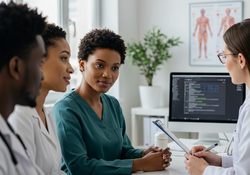 Un gruppo di persone in un consulto medico, discutendo di chemioterapia.