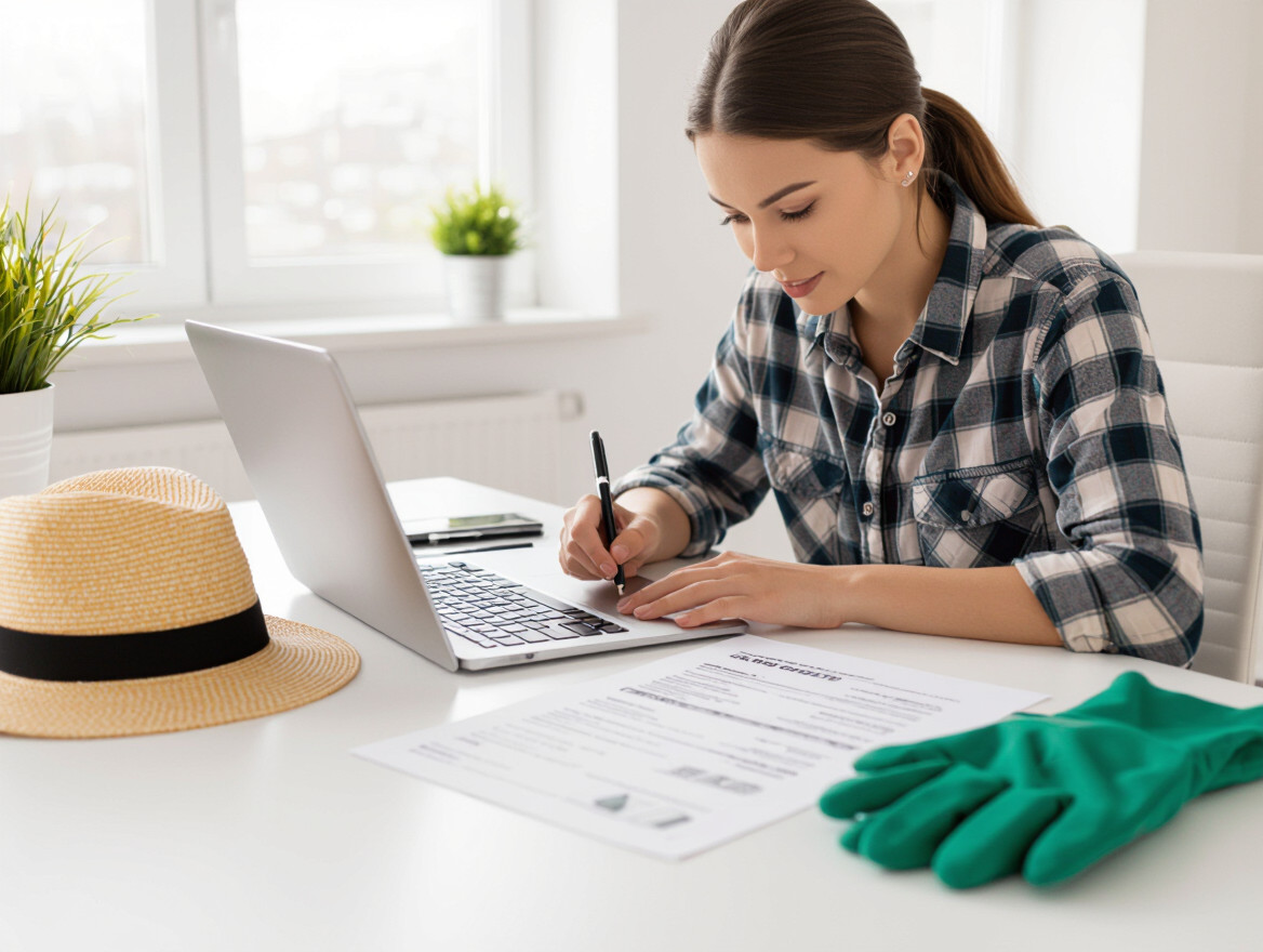 Una giovane donna scrive un CV per un lavoro stagionale al computer.