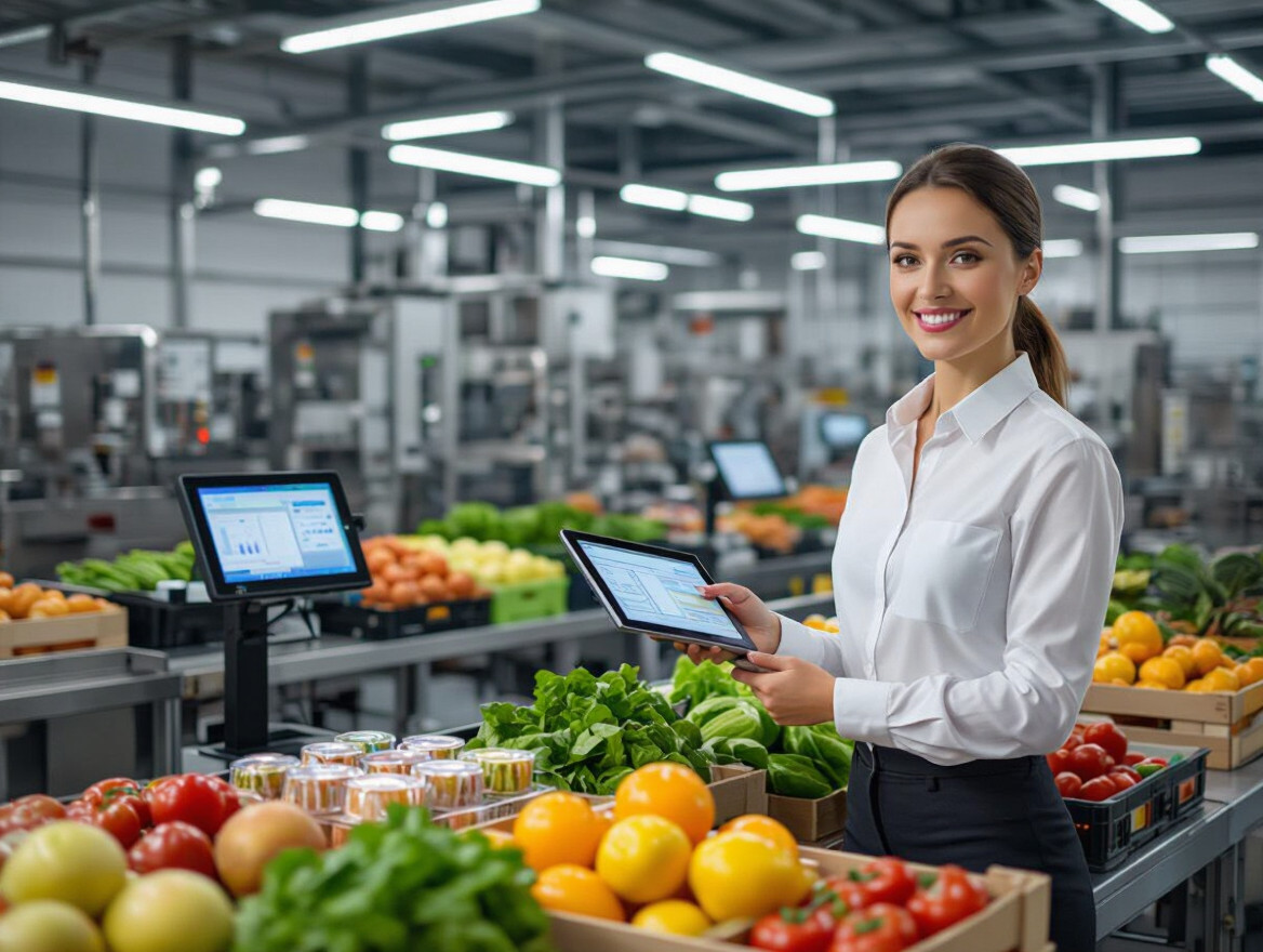 Una giovane professionista sorride mentre utilizza un tablet in un mercato alimentare.