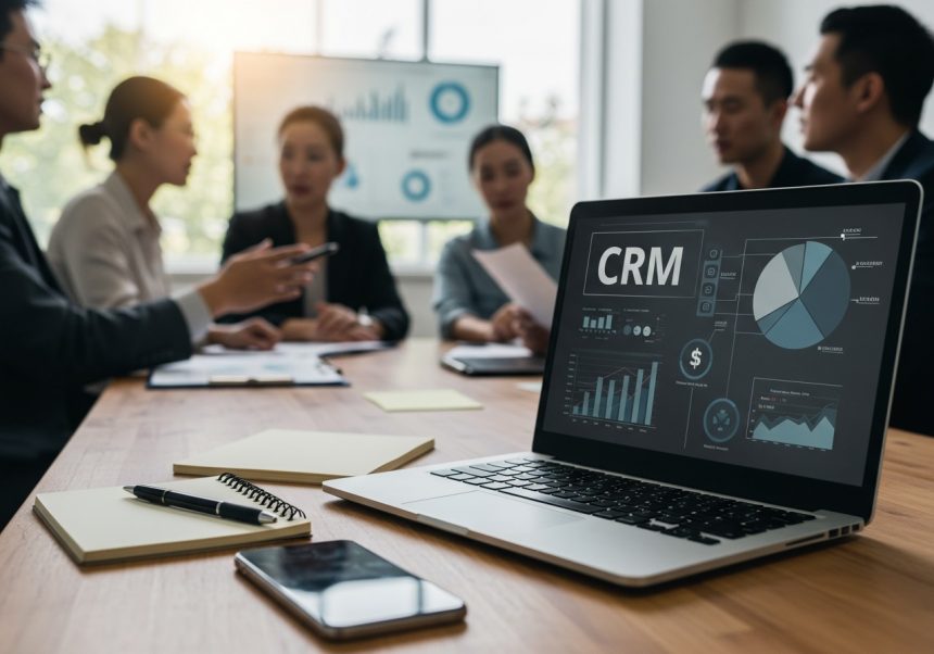 Un laptop mostra un software CRM mentre un gruppo discute strategie aziendali.