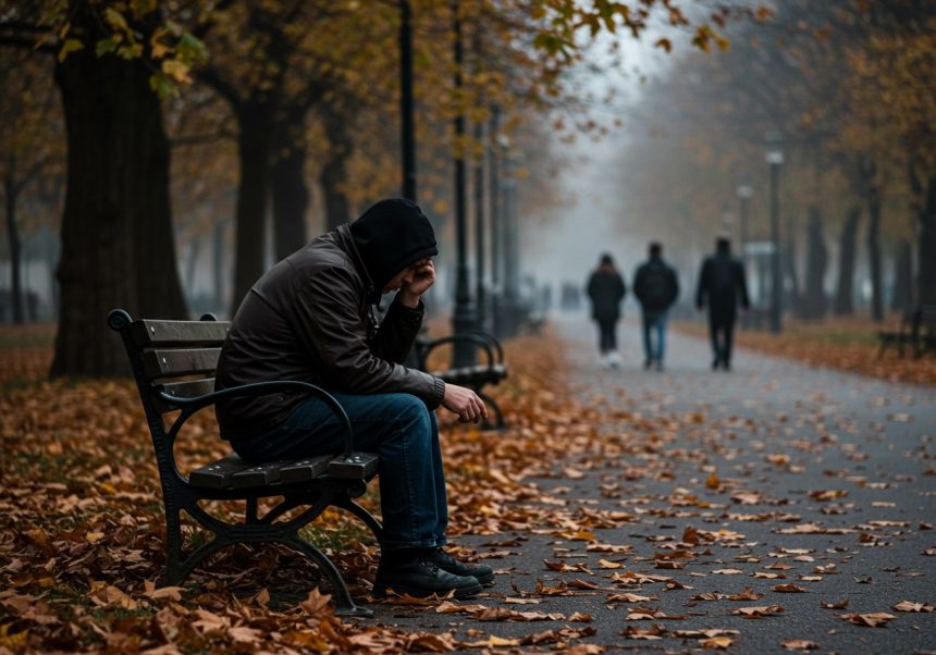 Un uomo seduto su una panchina in un parco autunnale, visibilmente triste.
