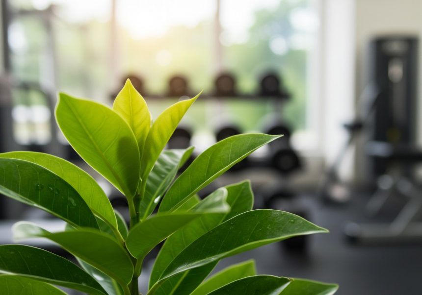 Una pianta verde rigogliosa in un ambiente di palestra moderno.