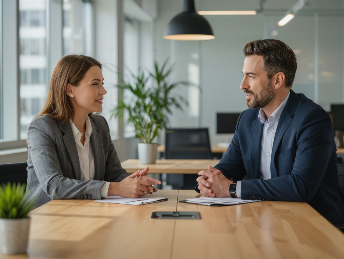 Due professionisti in un incontro, discutendo con calma in un ambiente di lavoro moderno.
