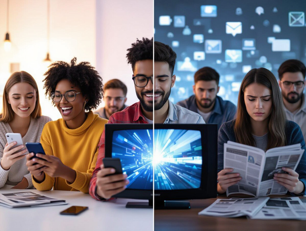 Gruppo di giovani che interagiscono con dispositivi digitali e cartacei.