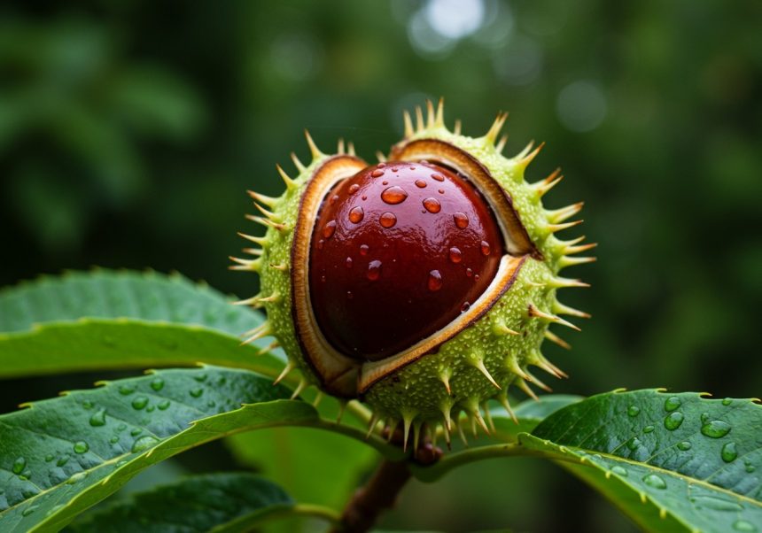 Un frutto di ippocastano bagnato dalla pioggia, con foglie verdi circostanti.