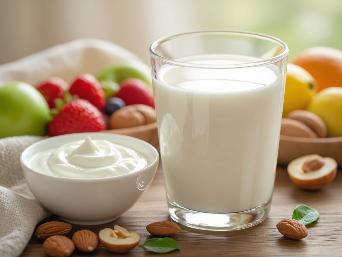 Un bicchiere di latte e una ciotola di yogurt, circondati da frutta e noci.