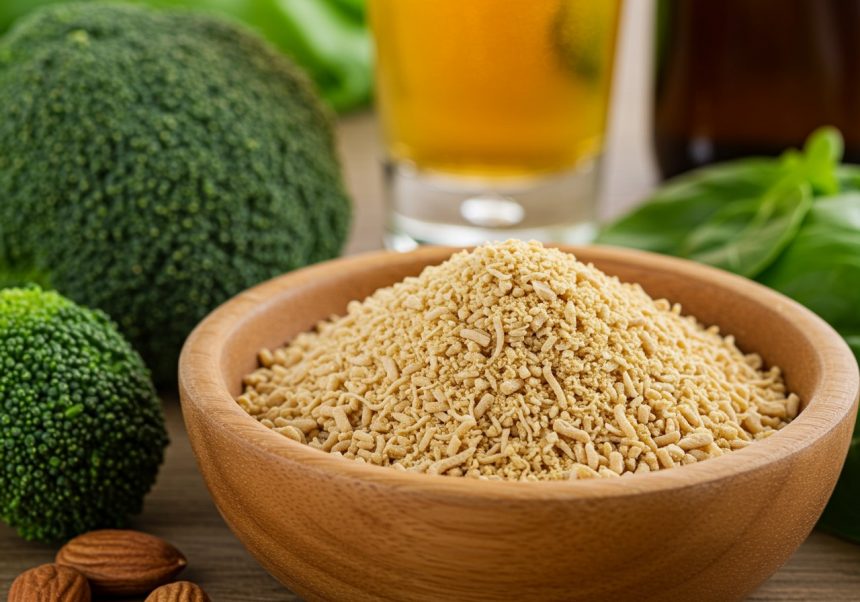Polvere di lievito di birra in una ciotola di legno, circondata da broccoli e mandorle.