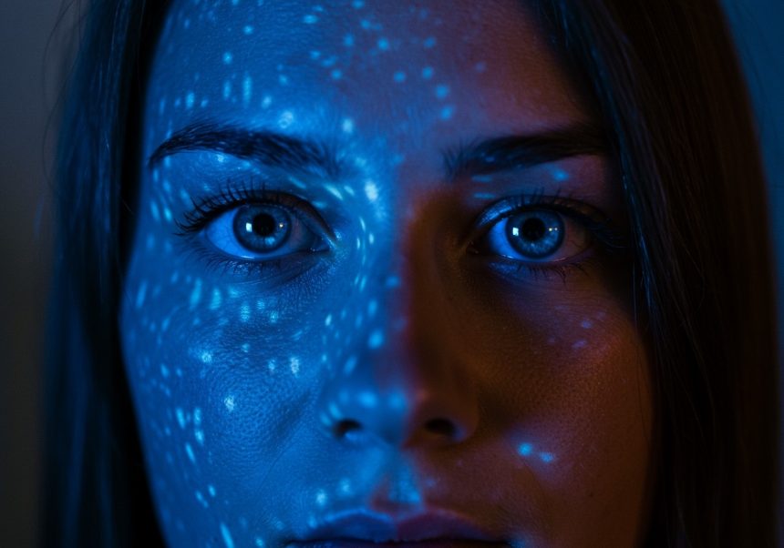 Primo piano di un volto illuminato da luce blu, evidenziando gli occhi.