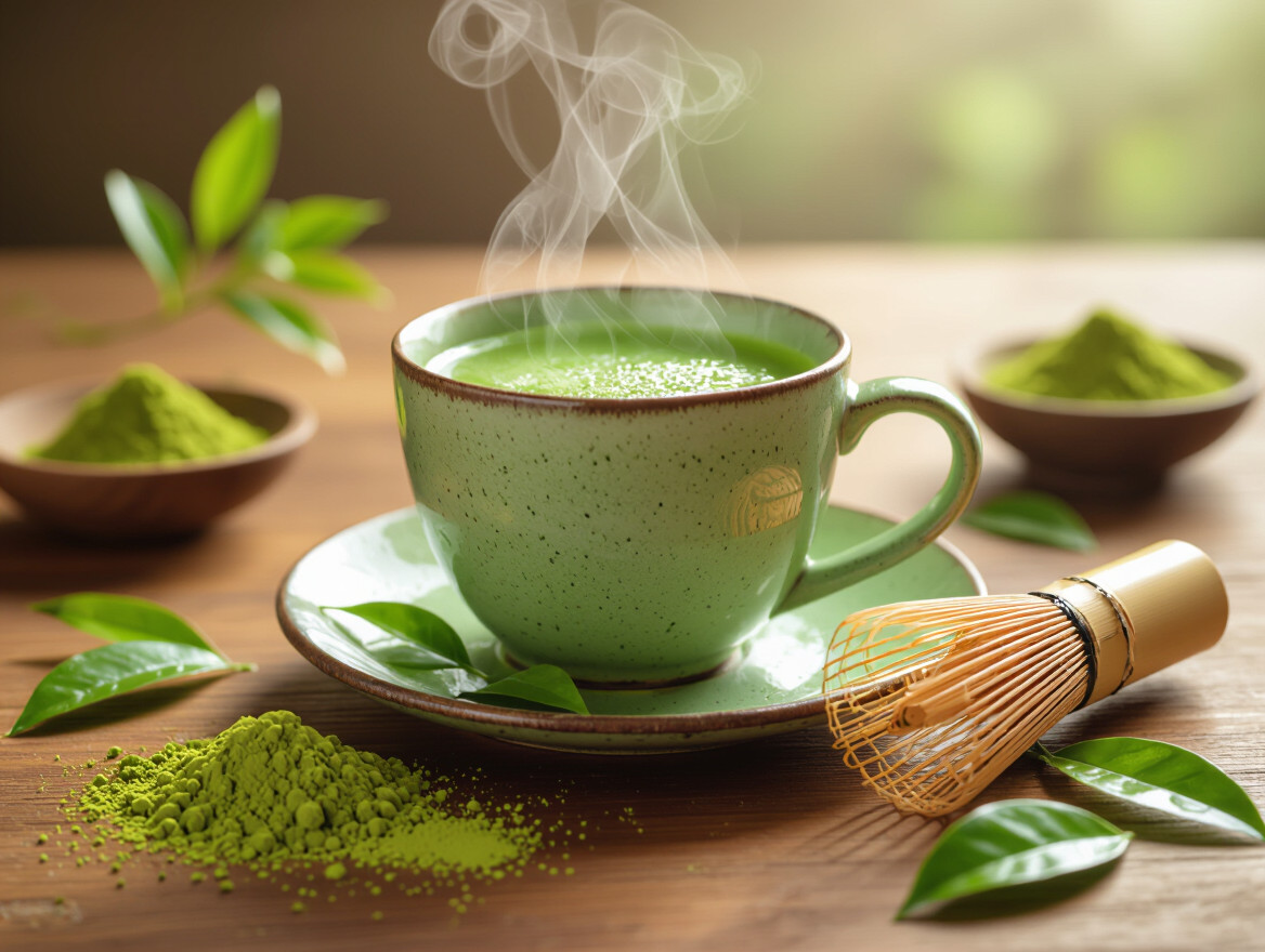 Una tazza di tè matcha fumante con polvere di matcha e foglie verdi.