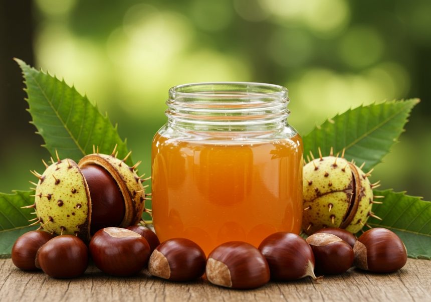 Barattolo di miele di castagno circondato da castagne e foglie verdi.