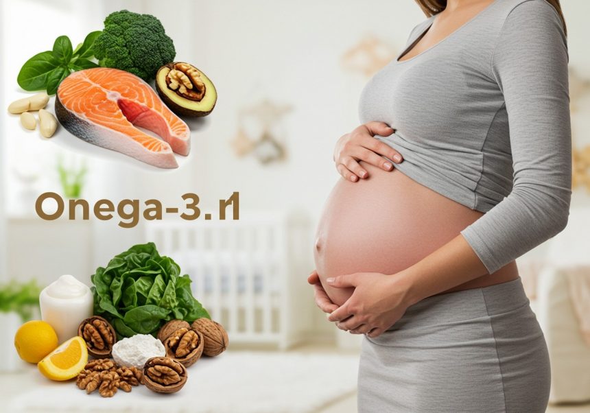 Una donna incinta tiene la pancia, circondata da alimenti ricchi di omega-3.