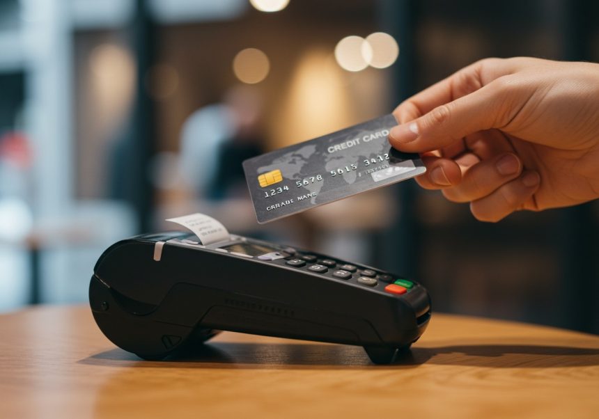 Una mano tiene una carta di credito sopra un terminale di pagamento.