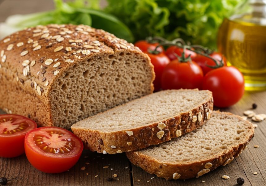 Pane integrale affettato con pomodori freschi e insalata sullo sfondo.