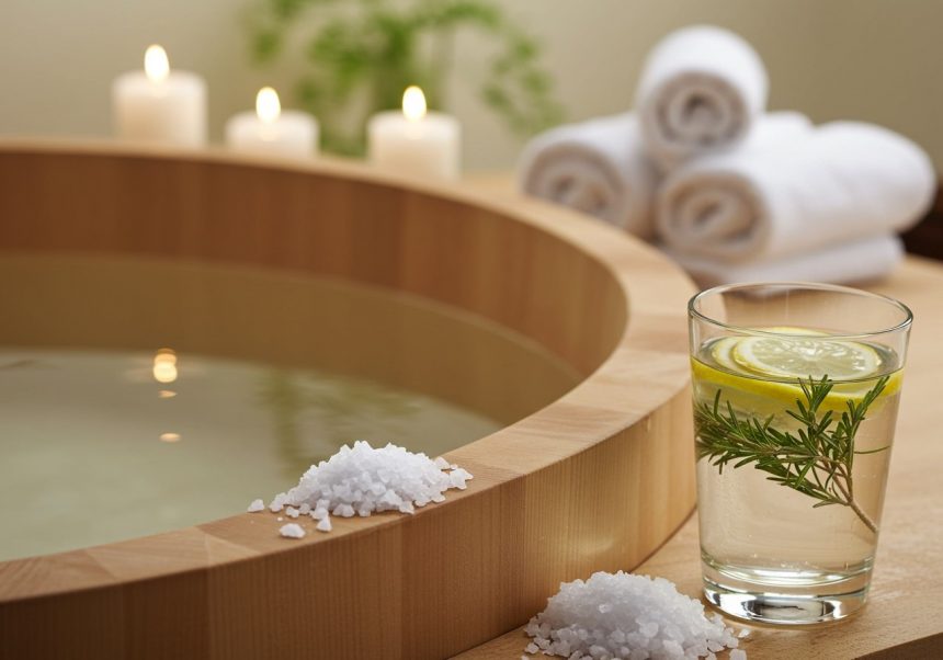 Una vasca di legno con acqua salata e limone, circondata da candele e asciugamani.