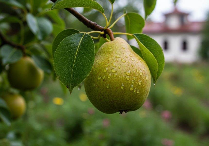 Una pera matura con gocce d'acqua appesa a un ramo verde.