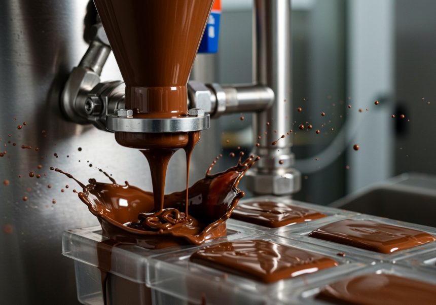 Una pompa per cioccolato che versa cioccolato fuso in uno stampo, creando spruzzi.