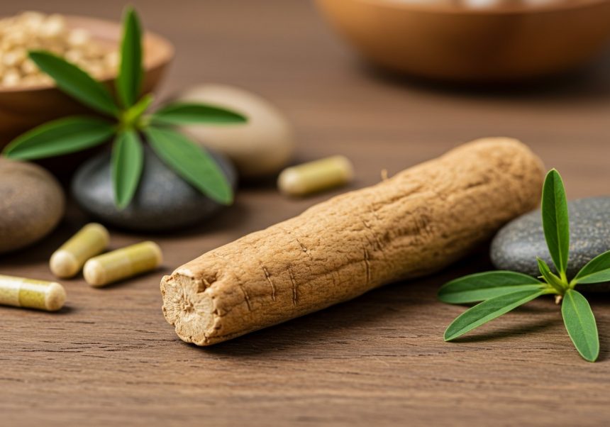 Radice di astragalo su un tavolo con integratori e piante verdi.