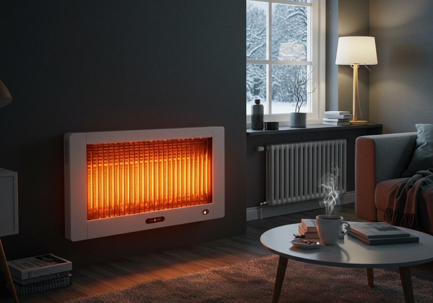 Riscaldatore elettrico acceso in un soggiorno moderno con finestre.