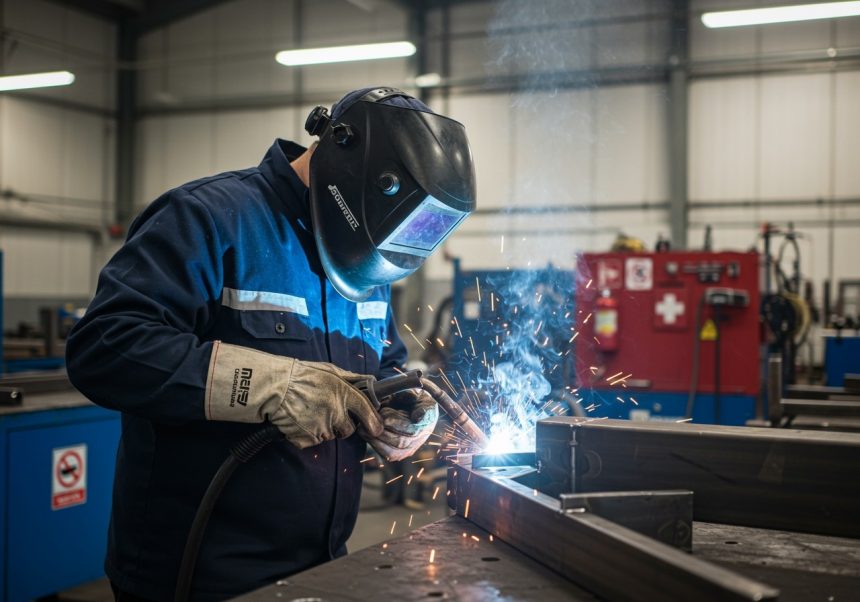 Un saldatore al lavoro, protetto da casco e guanti, mentre salda metallo.