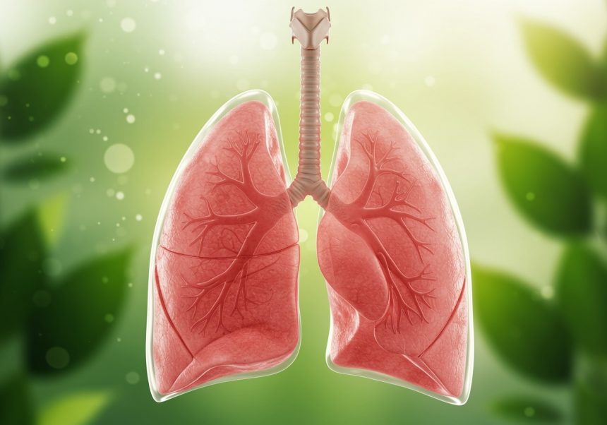 Illustrazione dei polmoni umani con dettagli anatomici in un ambiente naturale.