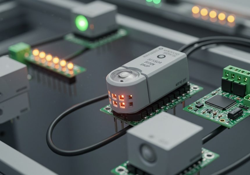 Sensore moderno su un circuito stampato con indicatori luminosi attivi.