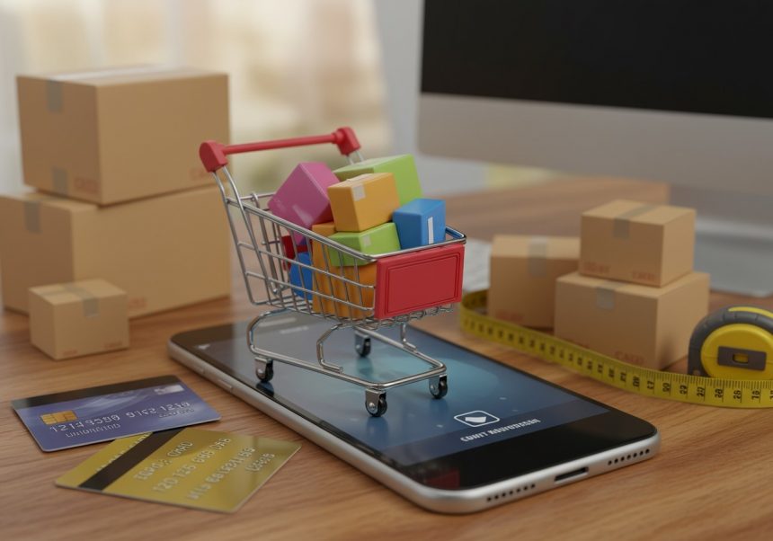 Carrello della spesa miniaturizzato su uno smartphone con pacchi e carte di credito.