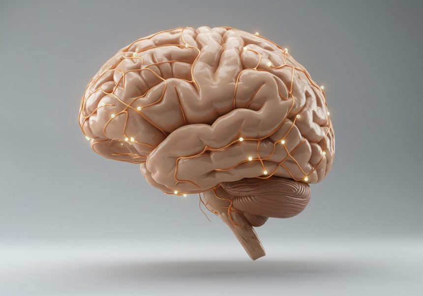 Un cervello umano con connessioni nervose illuminate, rappresentante il sistema nervoso centrale.