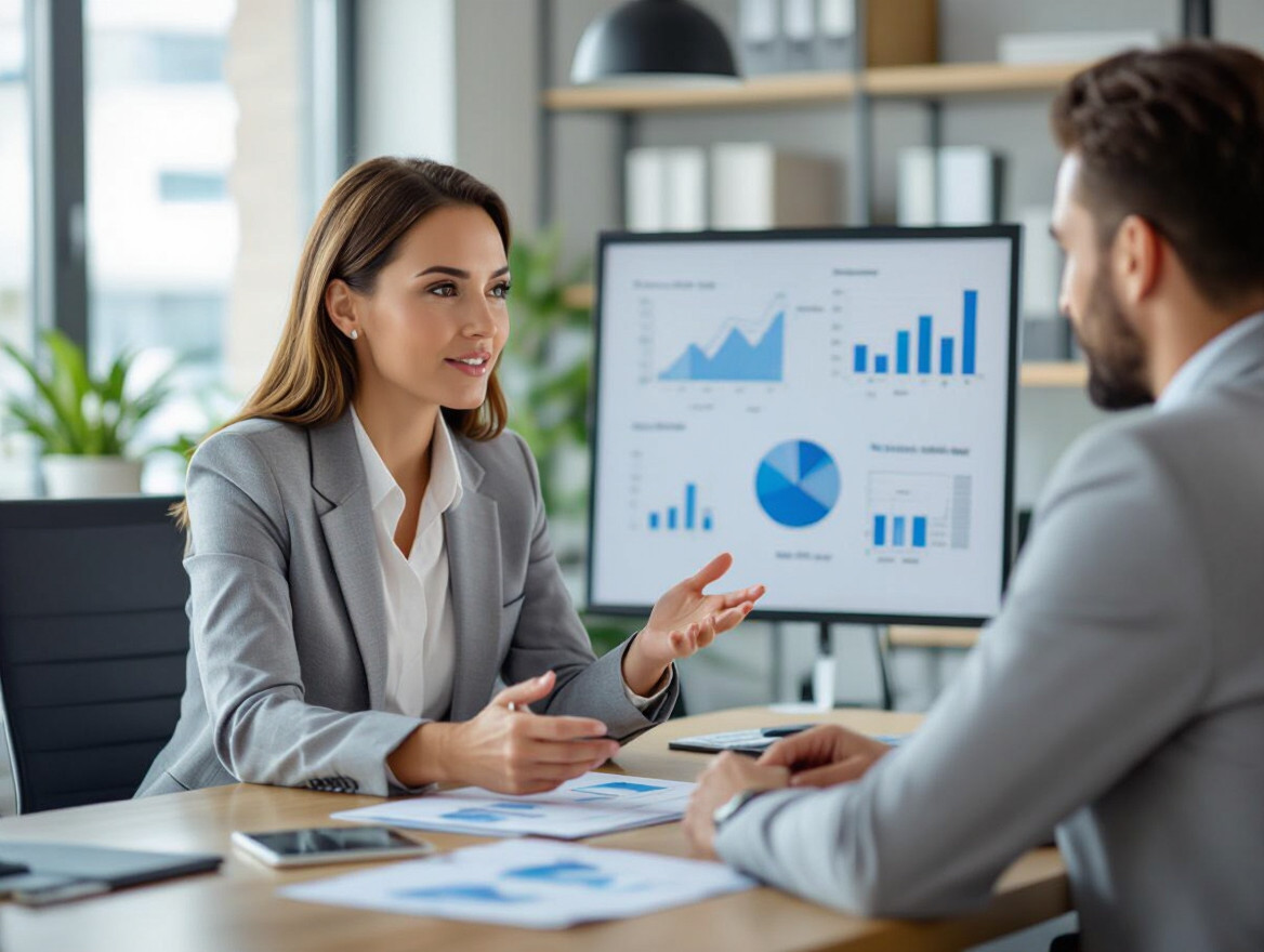 Una consulente discute strategie di successo con un cliente in ufficio.