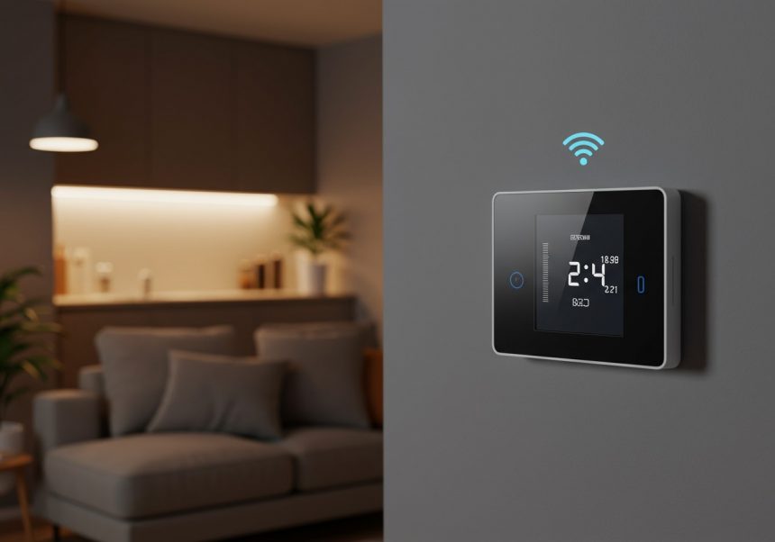 Termostato WiFi moderno installato su una parete in un soggiorno elegante.