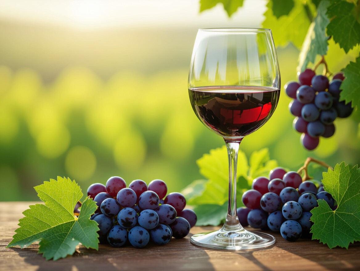 Un bicchiere di vino rosso accanto a grappoli d'uva su un tavolo di legno.