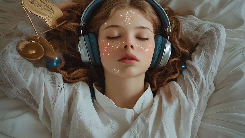 Ragazza con cuffie che ascolta musica, immersa in un sogno sereno.